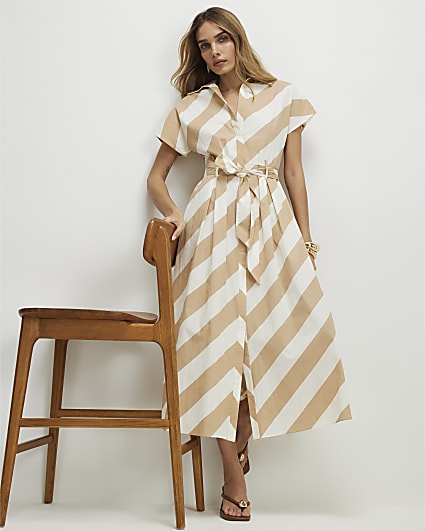 Beige Striped Midi Shirt Dress