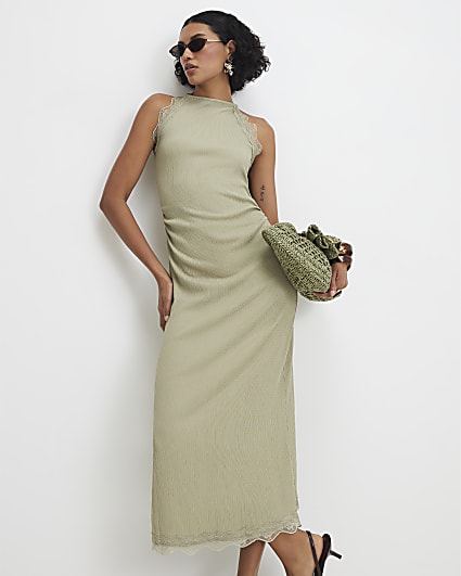 Green Lace Trim Textured Midi Dress
