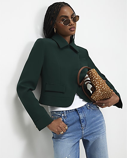 Green Collared Asymmetric Placket Jacket