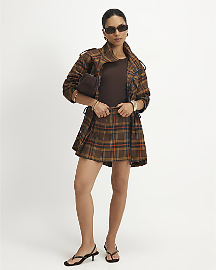 Petite Brown Check Funnel Neck Parka Jacket