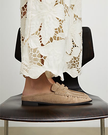 Beige Faux Suede Backless Mule Loafers