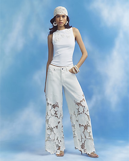 Cream Lace Insert Wide Leg Jeans