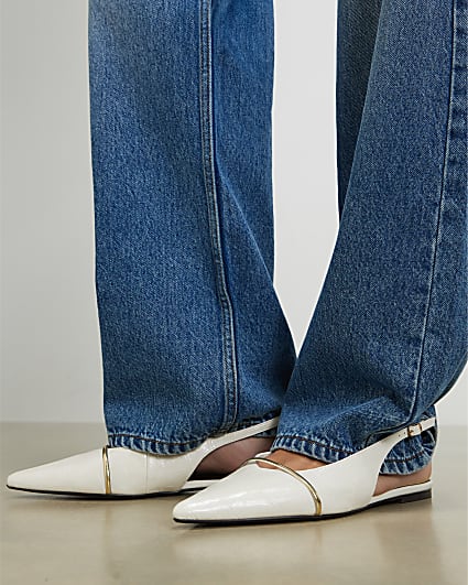 Cream Faux Leather Pointed Sling Back Shoes