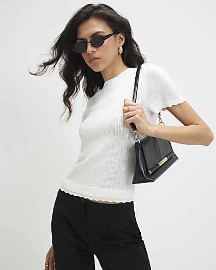 Cream Pointelle Knitted T-Shirt