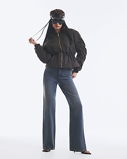 Brown Cinch Waist Bomber Jacket