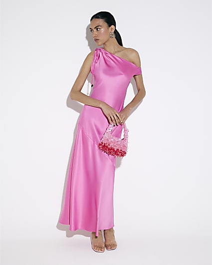 Pink Satin One Shoulder Maxi Dress