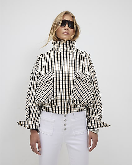 Cream Check Funnel Neck Bomber Jacket