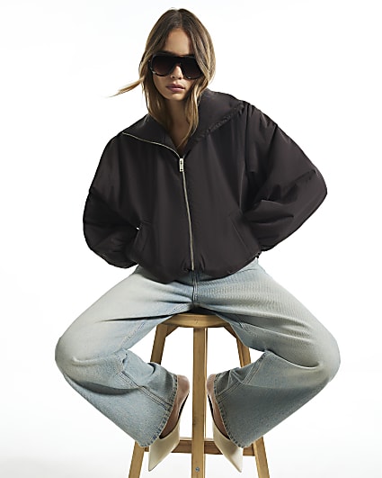 Brown Rib Detail Bubble Hem Bomber Jacket