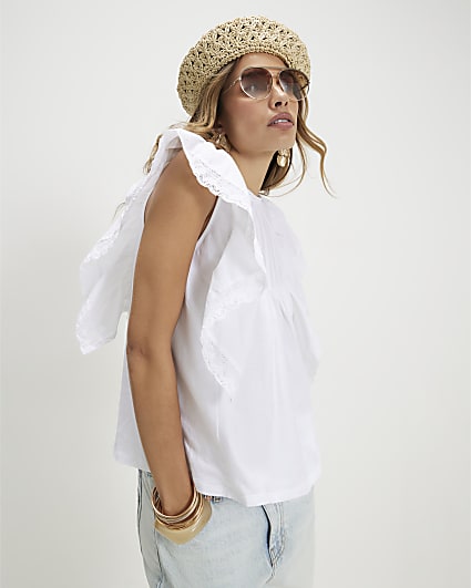 White Cotton Frill Smock Jersey Blouse