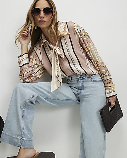 Pink Tie Neck Chain Print Shirt