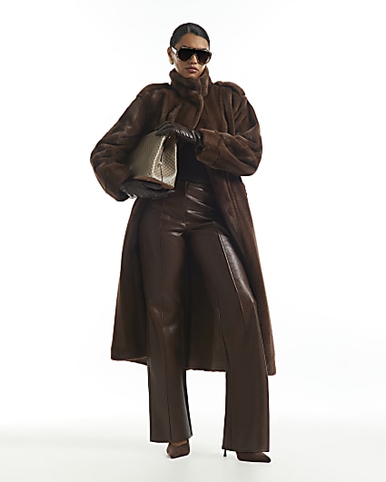 Brown Faux Leather Washed Low Waist Trousers