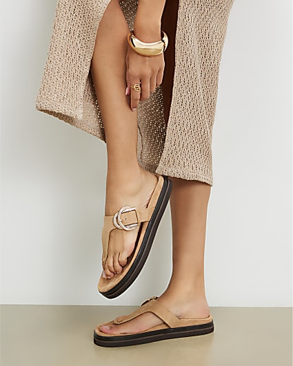 Beige Buckle Toe Thong Sandals