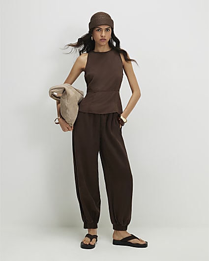 Brown Cuffed Barrel Leg Trousers