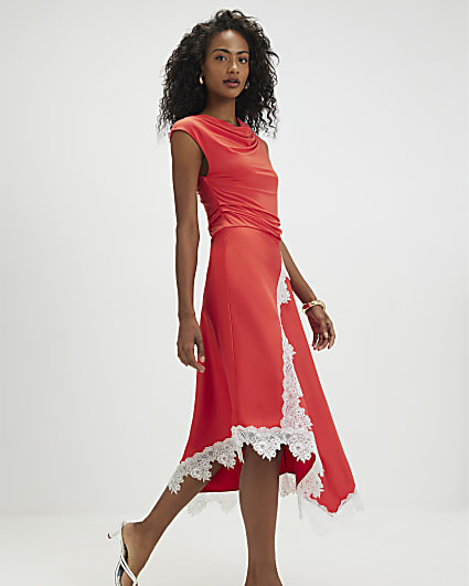 Orange Short Sleeve Lace Hybrid Midi Dress