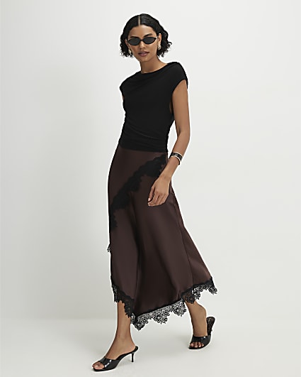 Brown Short Sleeve Lace Hybrid Maxi Dress