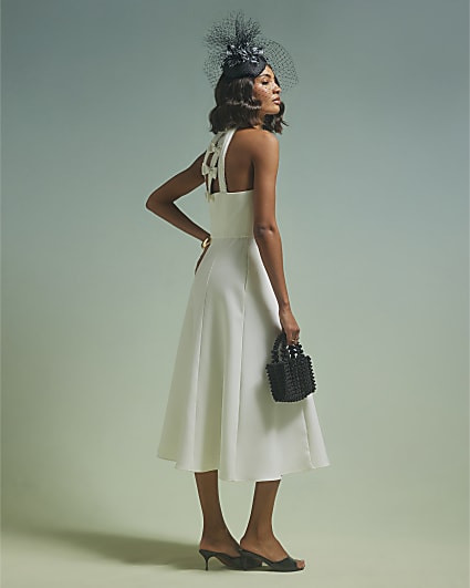 White Premium Bow Back Detail Midi Dress