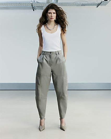 Grey RI Studio Leather Barrel Leg Trousers