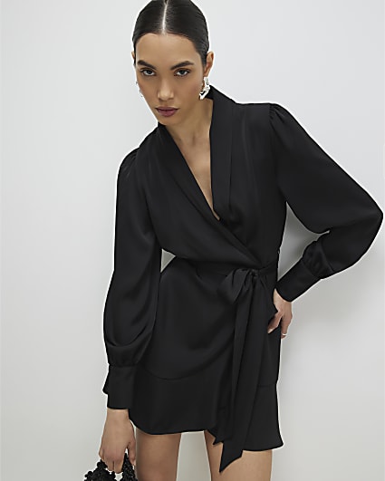 Black Wrap Front Mini Dress