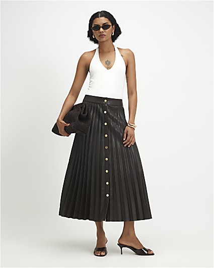 Brown Popper Faux Leather Pleated Midi Skirt