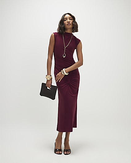 Red Sleeveless Ruched Maxi Dress