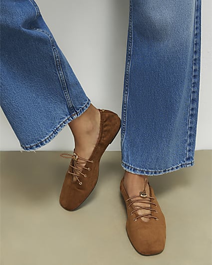 Brown Faux Suede Lace Up Ballet Flats