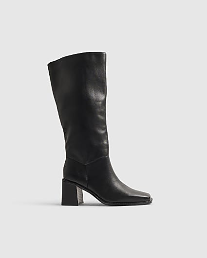 Black Block Heel High Leg Slouch Boots