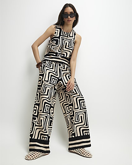 Black Geometric With Linen Wide Leg Trousers