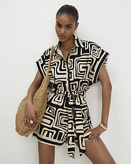 Black Geometric Print Linen Blend Playsuit
