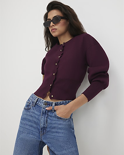Red Scallop Detail Knit Cardigan