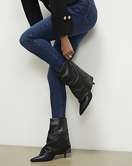 Black Faux Leather Ruched Folded Ankle Boots