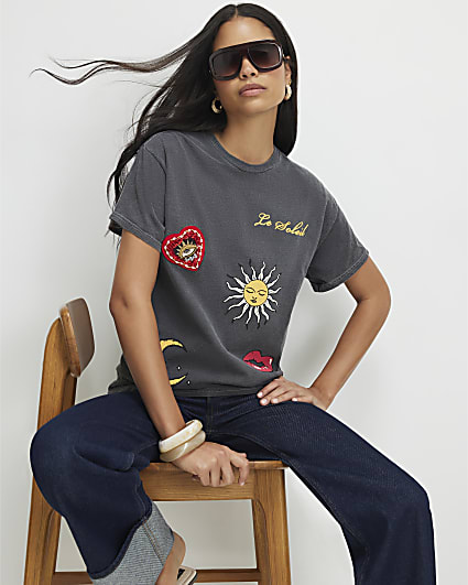 Grey Cotton Washed Quirky Trim T-Shirt