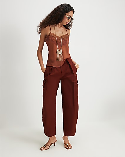 Red Twill Pleat Front Barrel Leg Trousers