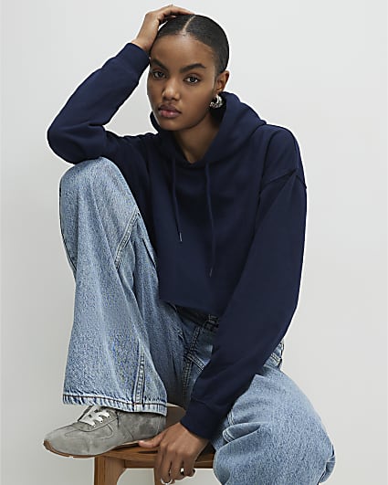 Navy Long Sleeve Cropped Hoodie