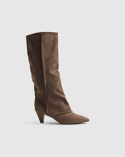 Brown Cone Heel Slouch Calf Boots