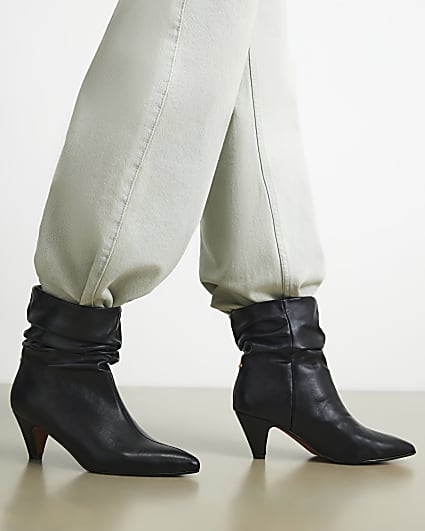Black Faux Leather Slouchy Point Toe Boots