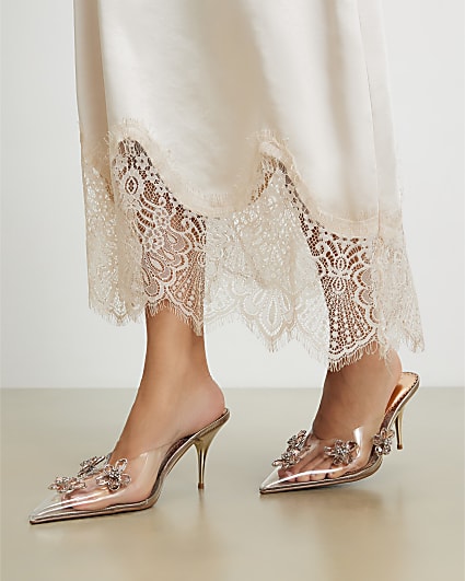 Rose Gold Perspex Diamante Flower Court Heels