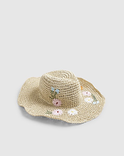 Beige Floral Straw Hat