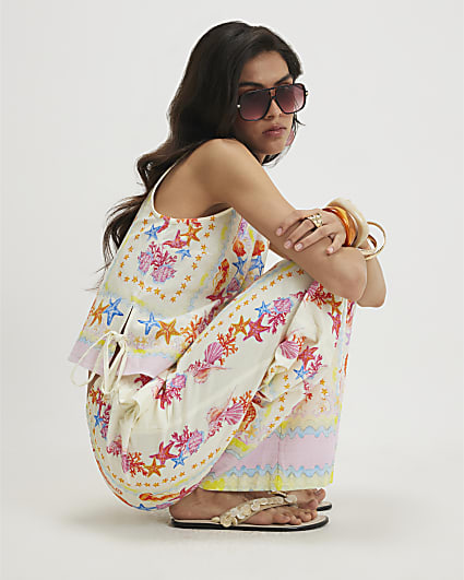 Cream Sea Life Print Wide Leg Trousers