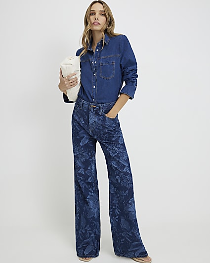 Blue Relaxed Straight Floral Print Jeans