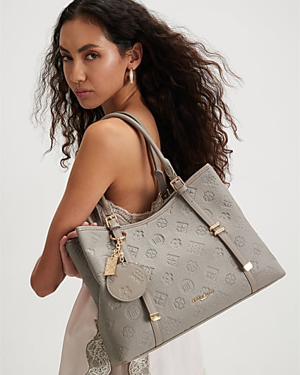 Grey Embossed Monogram Charm Tote Bag