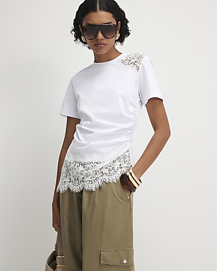 White Short Sleeve Lace Asymmetric Ruched Top