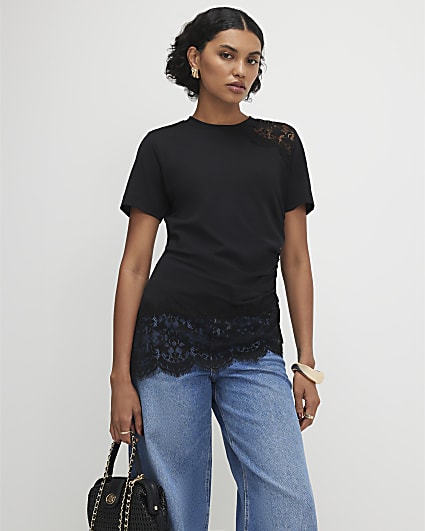 Black Cotton Short Sleeve Lace Aysmmetric Top