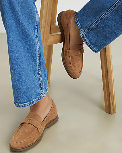 Brown Faux Suede Metal Decal Loafers