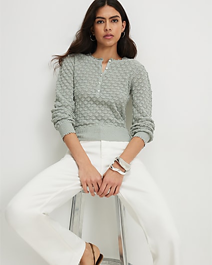 Green Knit Pointelle Stitch Henley Top