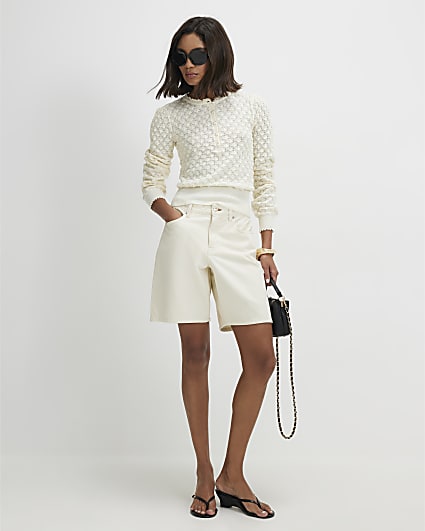 Cream Knit Pointelle Henley Top