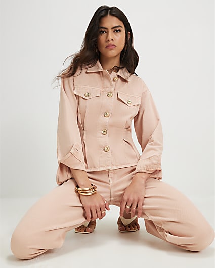 Pink Waisted Button Detail Denim Jacket