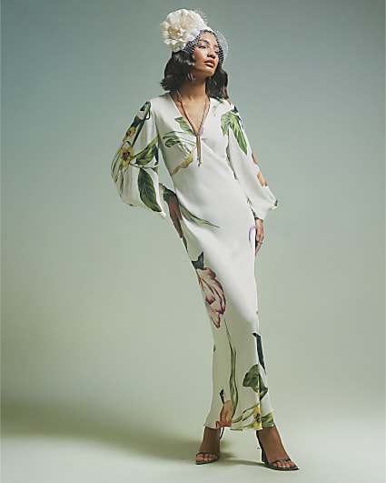 Cream Premium Floral Split Sleeve Midi Dress