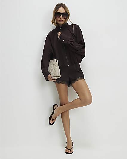 Brown Zip Front Cropped Shacket