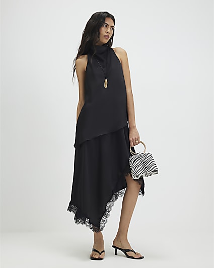 Black Lace Trim Asymmetric Dress