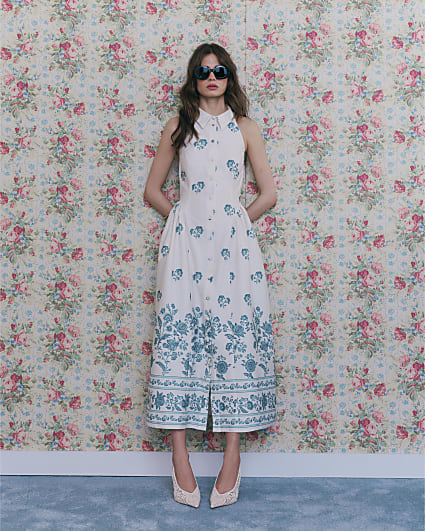 Cream Floral Halter Neck Maxi Shirt Dress